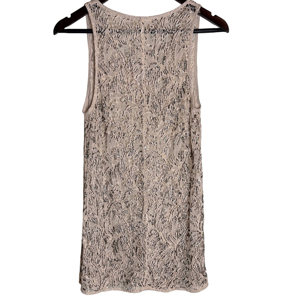 Free People Nude Metallic Lace Beaded Mini Shift Dress XS Boho Chic - Picture 9 of 16